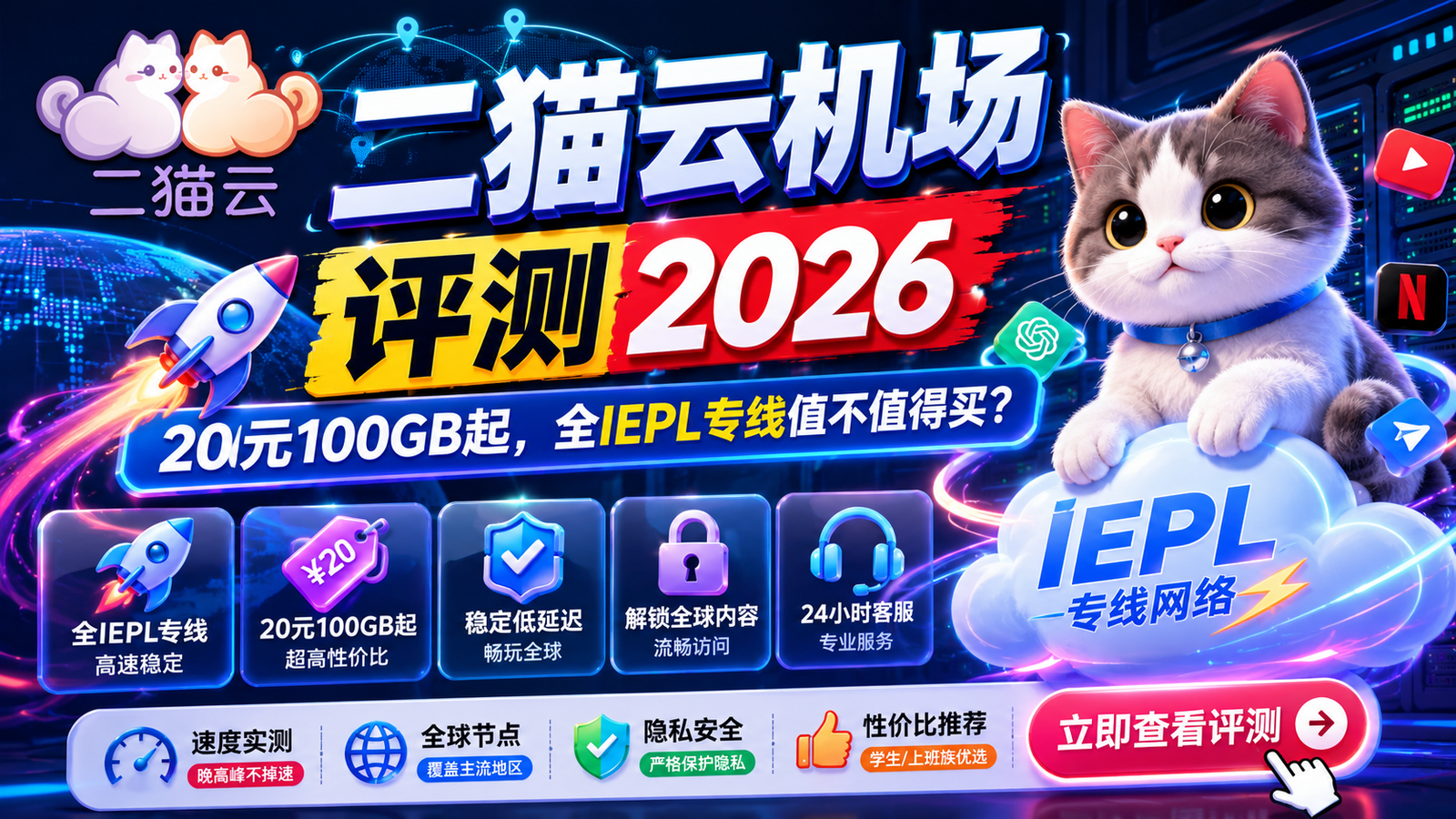 二猫云机场评测2026：20元100GB起，全IEPL专线值不值得买？